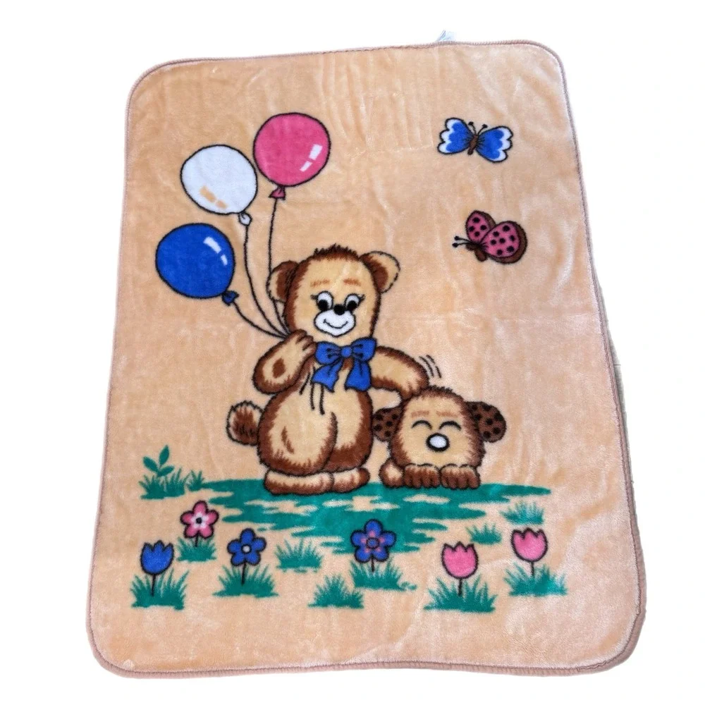 Vintage Korean Faux Fur Mink Baby Blanket Teddy Bear Puppy Balloons Tan 40 x 53